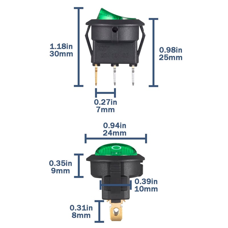 VEXUNGA Round Rocker Switch 12V 20A Green Light Iluminated Small Rocker Switch On Off 3 Pin Circle Square Toggles Switches for RV Car Truck Boat (Pack of 5pcs) - Image 2